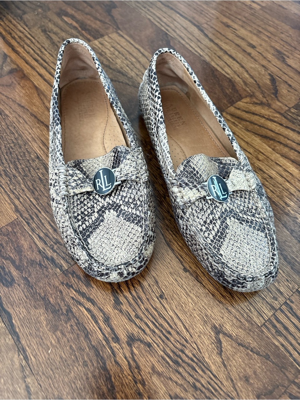 Ralph Lauren Snake-Print Loafers in Cream & Black